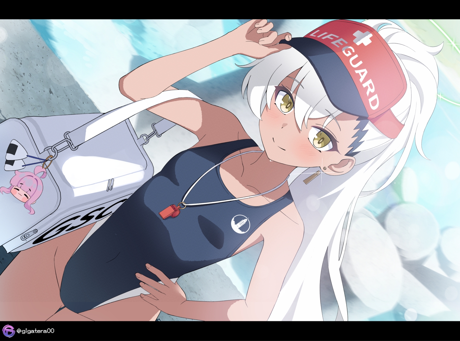 aliasing, blue_archive, blush, dark_skin, giga-tera, haine_(blue_archive), halo, hat, long_hair, ponytail, school_swimsuit, swimsuit, water, watermark, white_hair, yellow_eyes