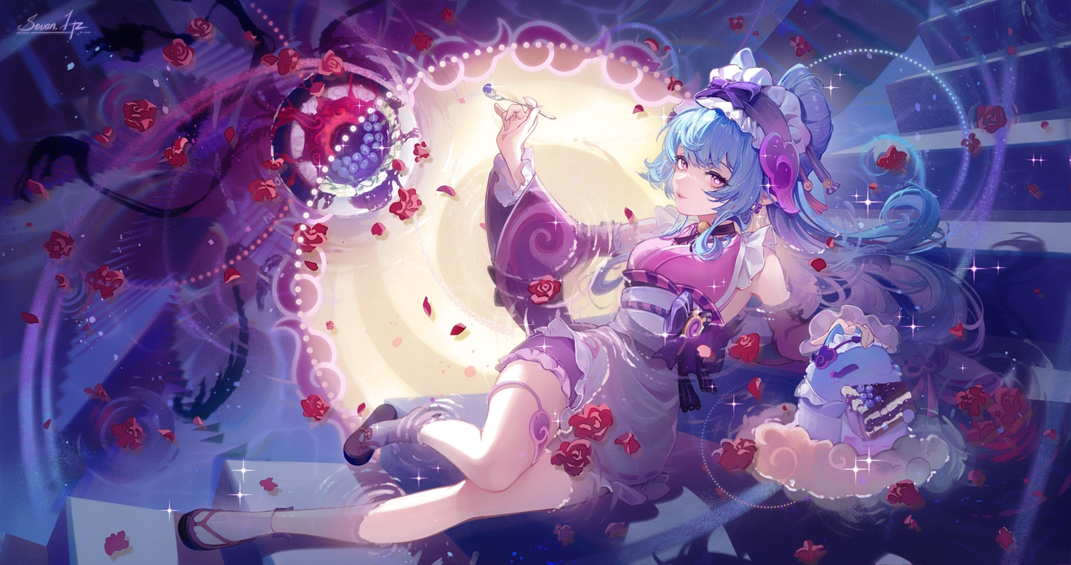 7hertz, apron, bell, blue_hair, bow, cake, choker, flowers, food, fruit, garter, genshin_impact, headdress, japanese_clothes, lolita_fashion, long_hair, maid, petals, pointed_ears, purple_eyes, signed, socks, stairs, water, yumemizuki_mizuki
