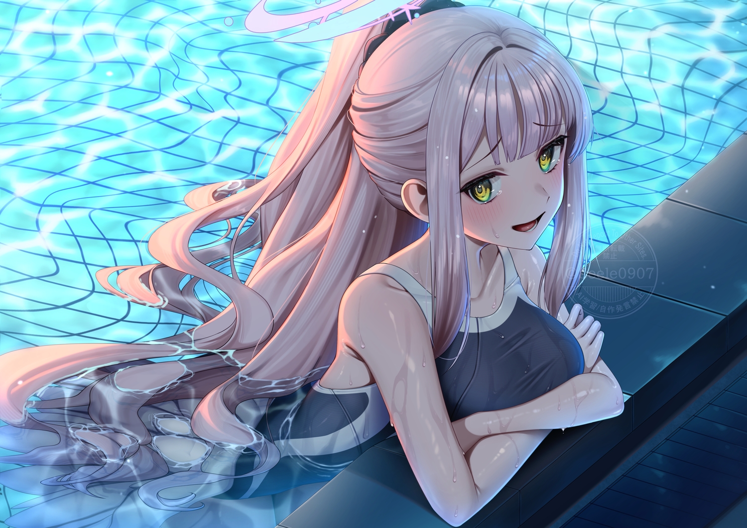 blue_archive, blush, breast_hold, halo, long_hair, misono_mika, pink_hair, ponytail, pool, school_swimsuit, seele0907, swimsuit, water, watermark, wet, wings, yellow_eyes