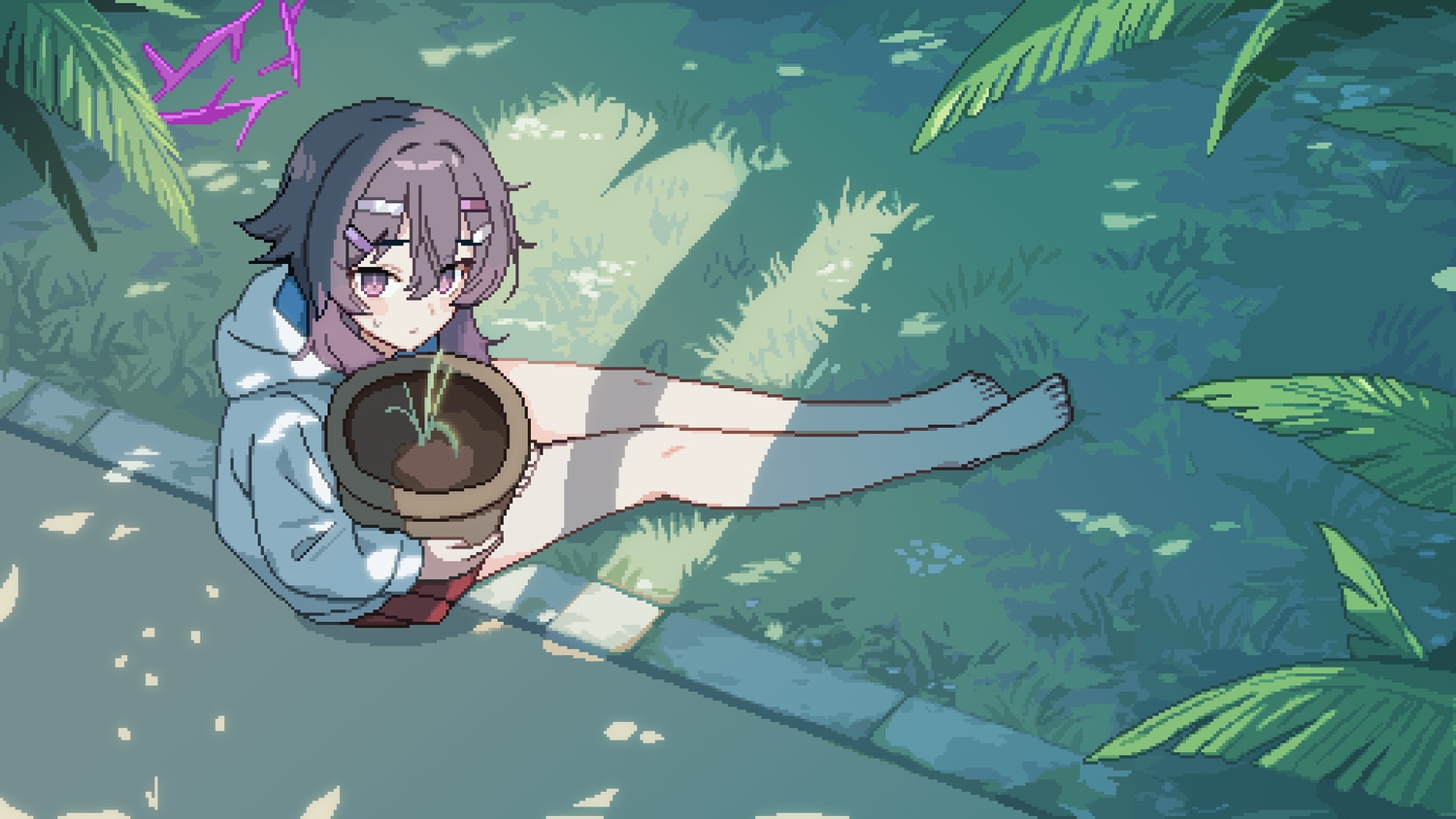 barefoot, blue_archive, grass, halo, hood, igusa_haruka, leaves, purple_eyes