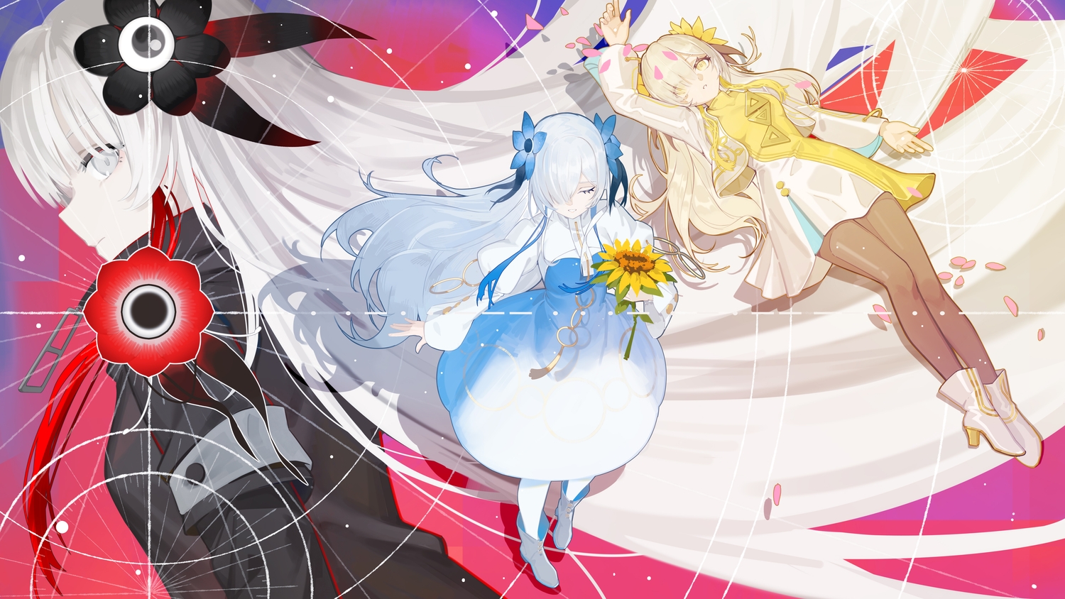 alisi, blonde_hair, boots, dress, flowers, gray_eyes, gray_hair, isekaijoucho