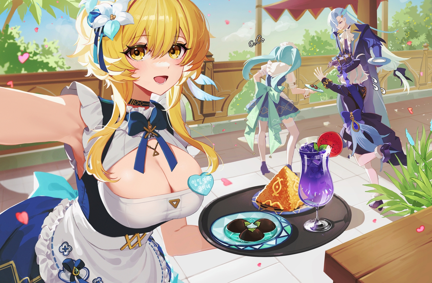 apron, aqua_hair, blonde_hair, blue_eyes, blush, bow, breasts, choker, cleavage, clouds, dress, drink, faruzan_(genshin_impact), food, fruit, furina_(genshin_impact), genshin_impact, gloves, gray_hair, group, hat, headdress, leaves, long_hair, lumine_(genshin_impact), maid, male, neuvillette_(genshin_impact), petals, short_hair, sky, sugarcanedove, twintails, waitress, white_hair, wristwear, yellow_eyes