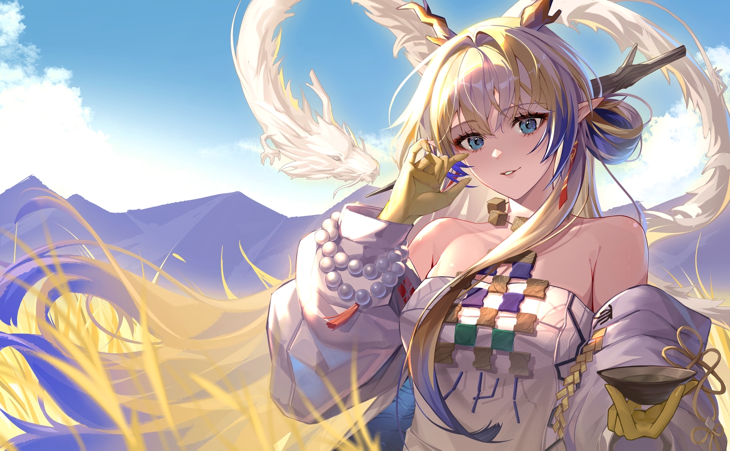 arknights, blue_eyes, close, clouds, dragon, drink, grass, gray_hair