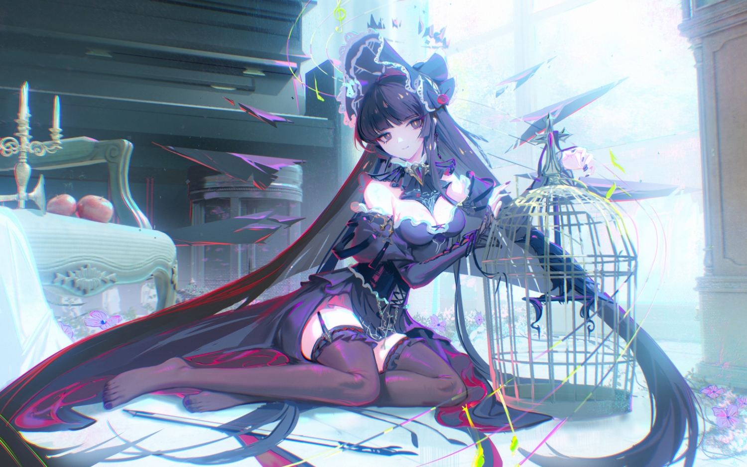 animal, apple, arknights, bird, black_eyes, black_hair, breasts, cage, cleavage, dress, flowers, food, fruit, garter_belt, goth-loli, halo, headdress, instrument, lolita_fashion, long_hair, piano, sansan_(dongfangzhong111), stockings, virtuosa_(arknights), wings