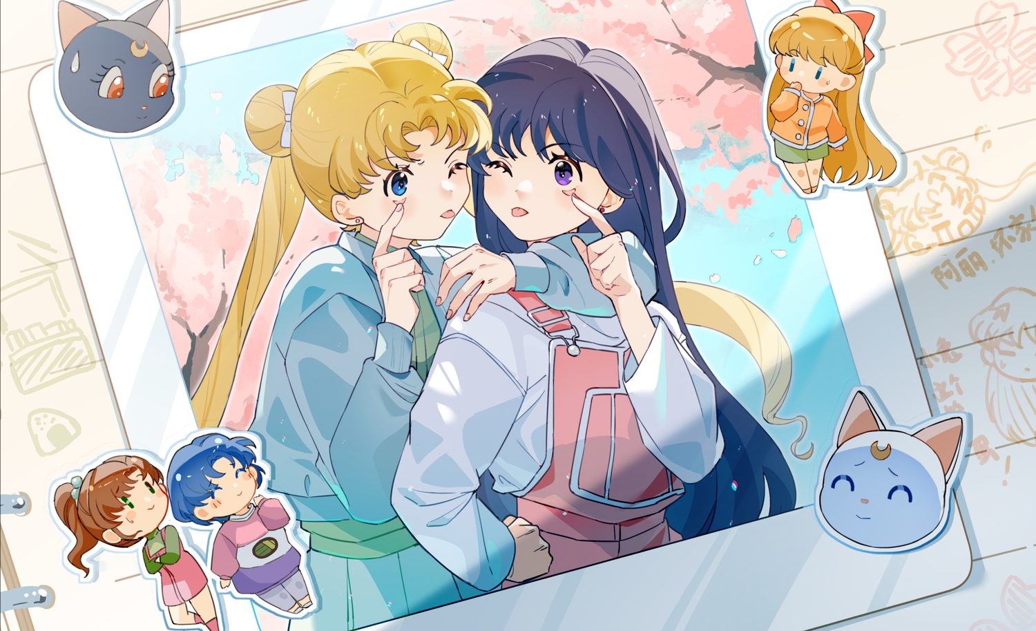 aino_minako, animal, artemis_(sailor_moon), black_hair, blonde_hair, blue_eyes, blue_hair, blush