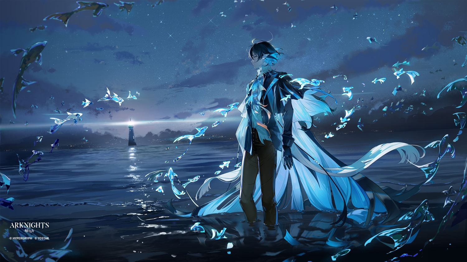 all_male, animal, arknights, black_hair, blue, cape, clouds, fish, gloves, lighthouse, lirseven, logo, lumen_(arknights), magic, male, pointed_ears, reflection, short_hair, sky, water, watermark, yellow_eyes