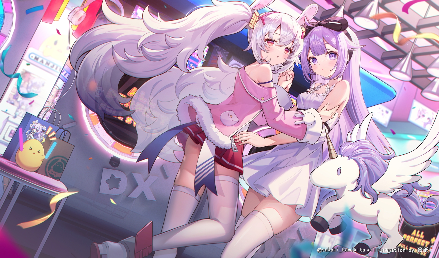 2girls, animal, animal_ears, anthropomorphism, azur_lane, bird, blush, bow, bunny_ears, dress, headband, headphones, horse, laffey_(azur_lane), long_hair, manjuu_(azur_lane), purple_eyes, purple_hair, red_eyes, ribbons, shoujo_ai, skirt, thighhighs, twintails, unicorn, unicorn_(azur_lane), watermark, weizhi, white_hair
