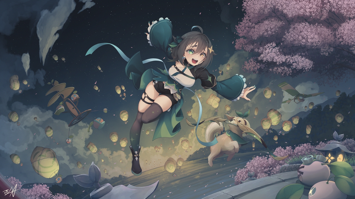aircraft, animal, bicolored_eyes, blush, boots, braids, brown_hair, cherry_blossoms