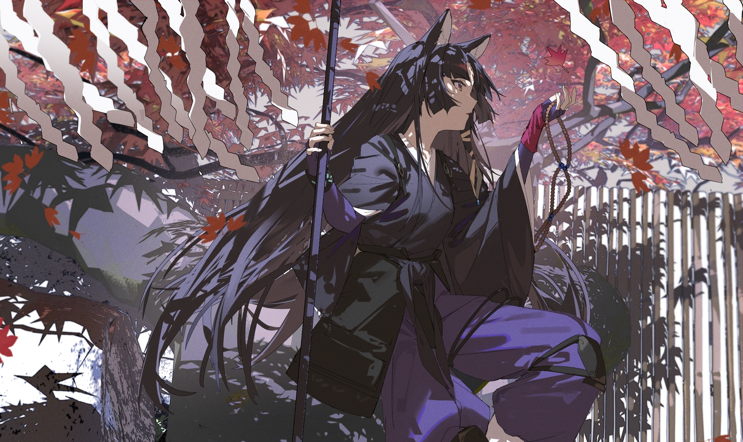animal_ears, arknights, autumn, black_hair, brown_eyes, doggirl, elbow_gloves, gloves