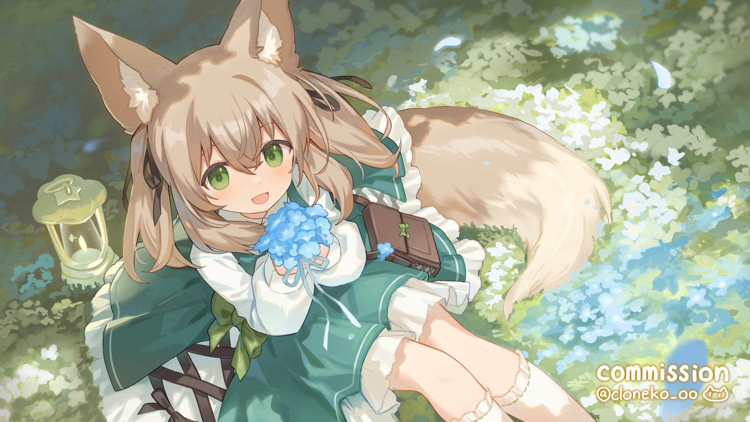 animal_ears, aruma_(goma), blush, bow, brown_hair, cloneko_(zelmeledf2), dress, flowers
