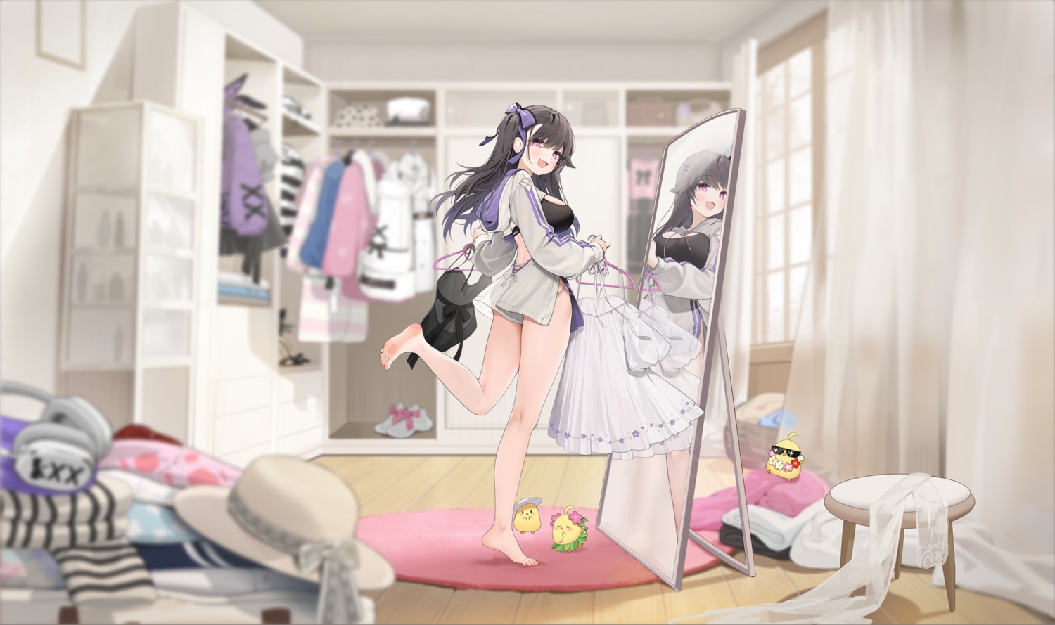 aliasing, animal, anthropomorphism, azur_lane, barefoot, bird, black_hair, bow