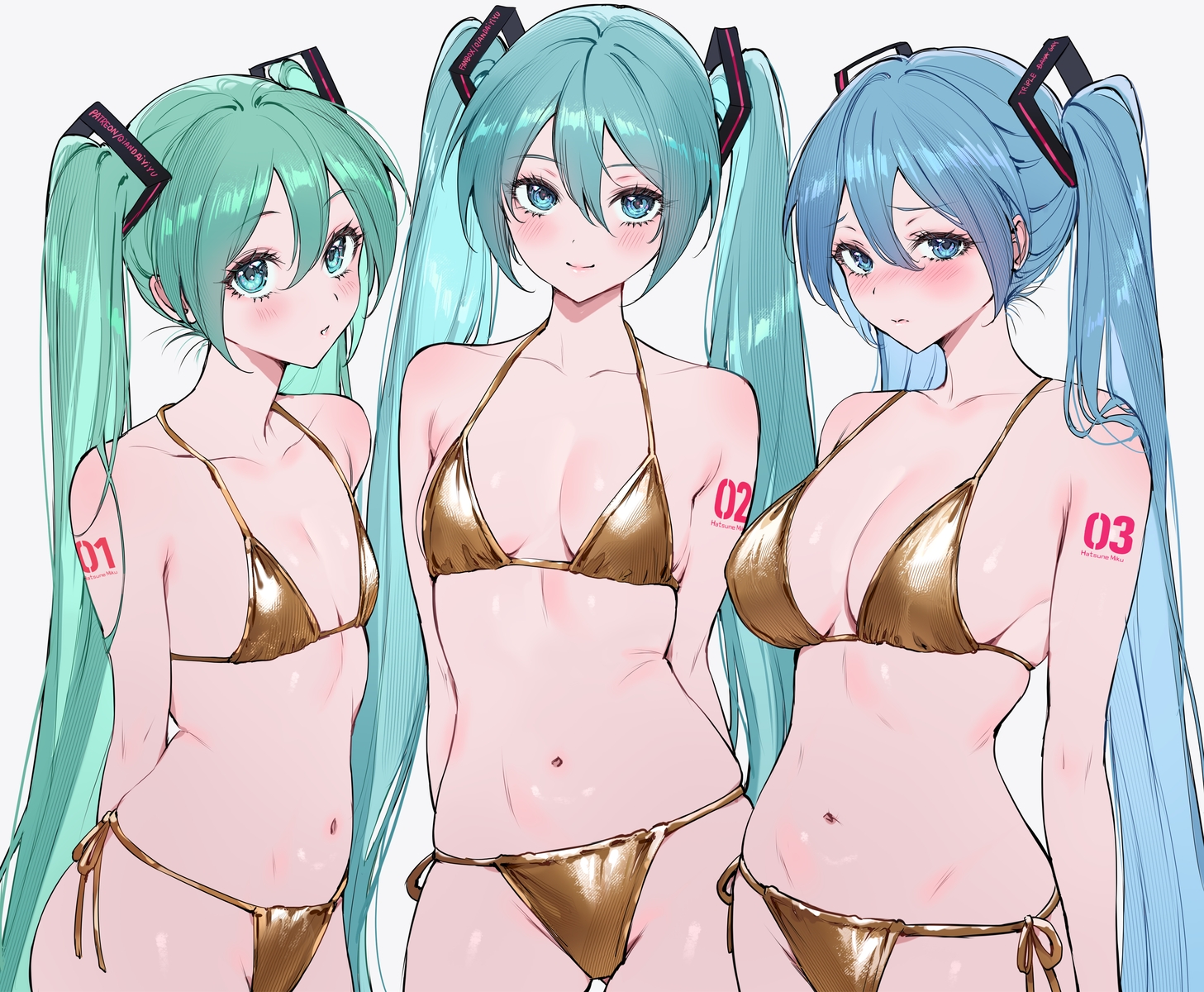 aqua_eyes, aqua_hair, bikini, blue_eyes, blue_hair, blush, breasts, cleavage, flat_chest, green_hair, hatsune_miku, long_hair, navel, qiandaiyiyu, signed, sketch, swimsuit, tattoo, twintails, vocaloid, white