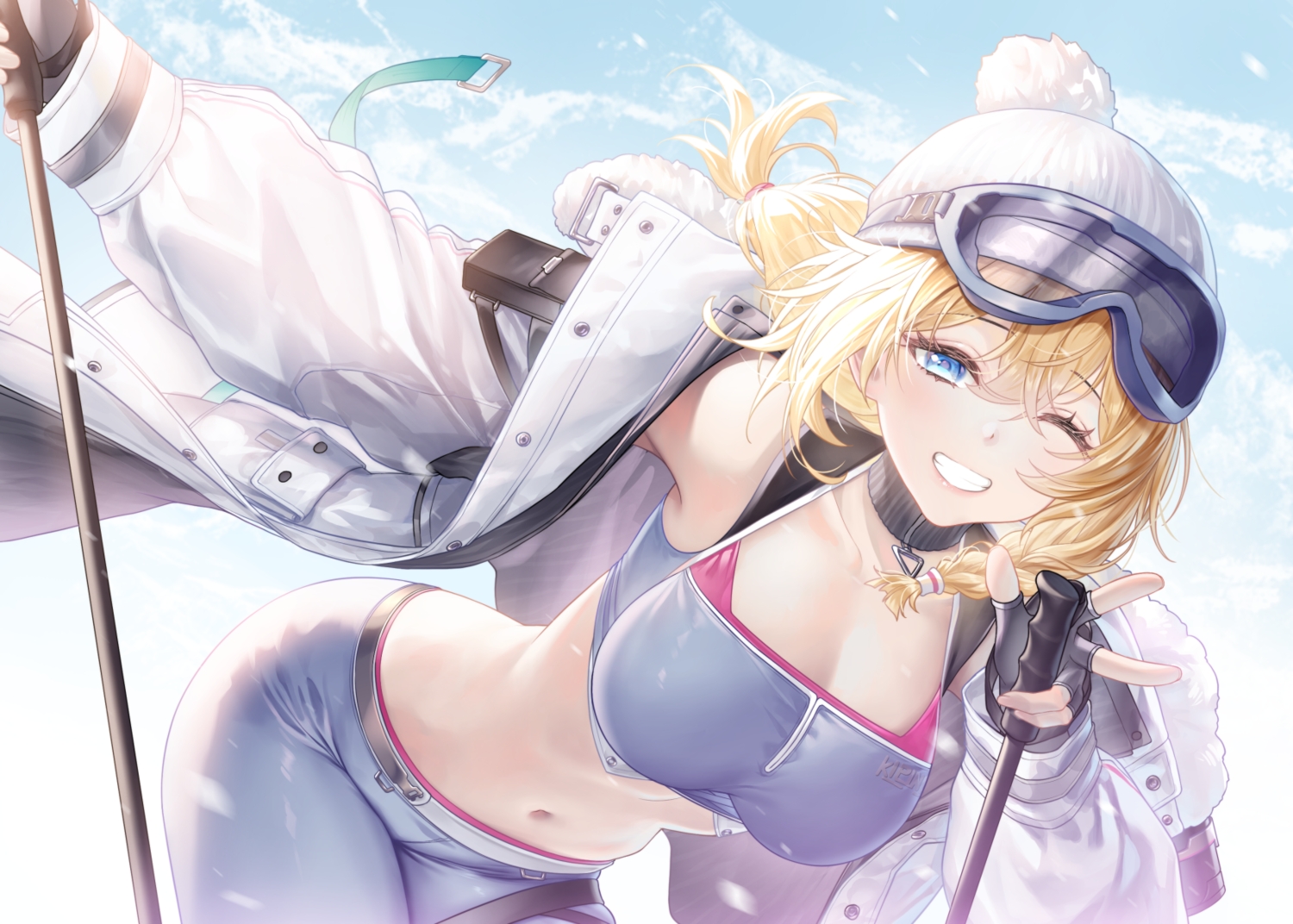 blonde_hair, blue_eyes, braids, breasts, choker, cleavage, garter, girls_frontline