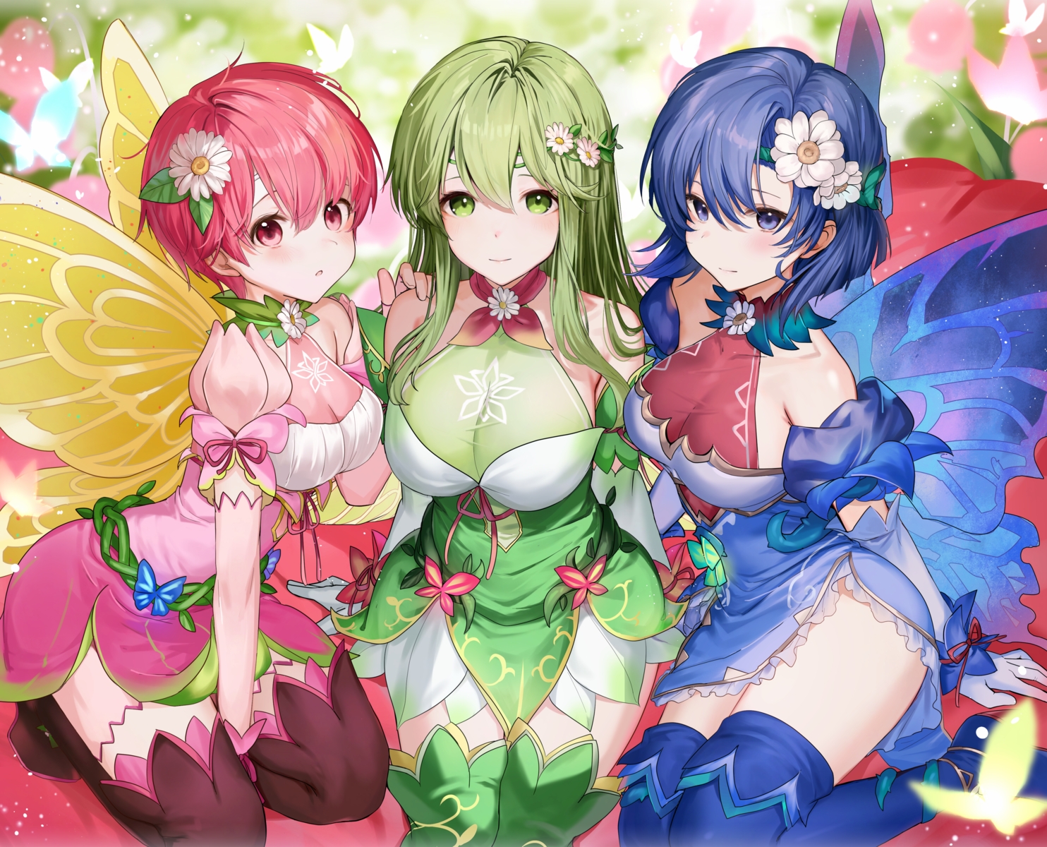 blue_eyes, blue_hair, blush, butterfly, dress, elbow_gloves, est_(fire_emblem), fairy