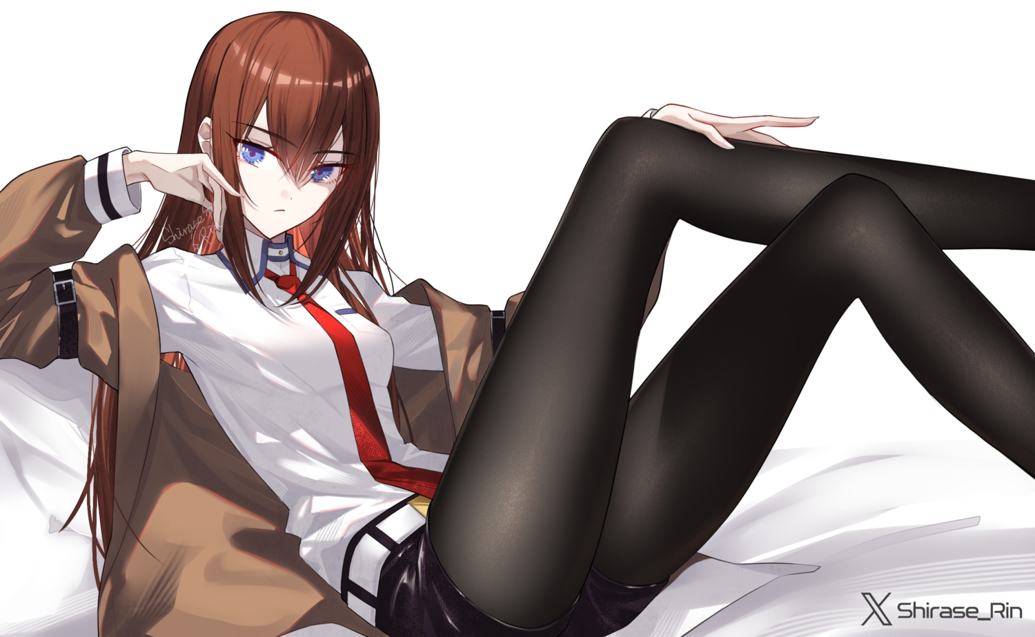 blue_eyes, brown_hair, long_hair, makise_kurisu, pantyhose, shirase_rin, shirt, shorts, signed, steins;gate, tie, watermark