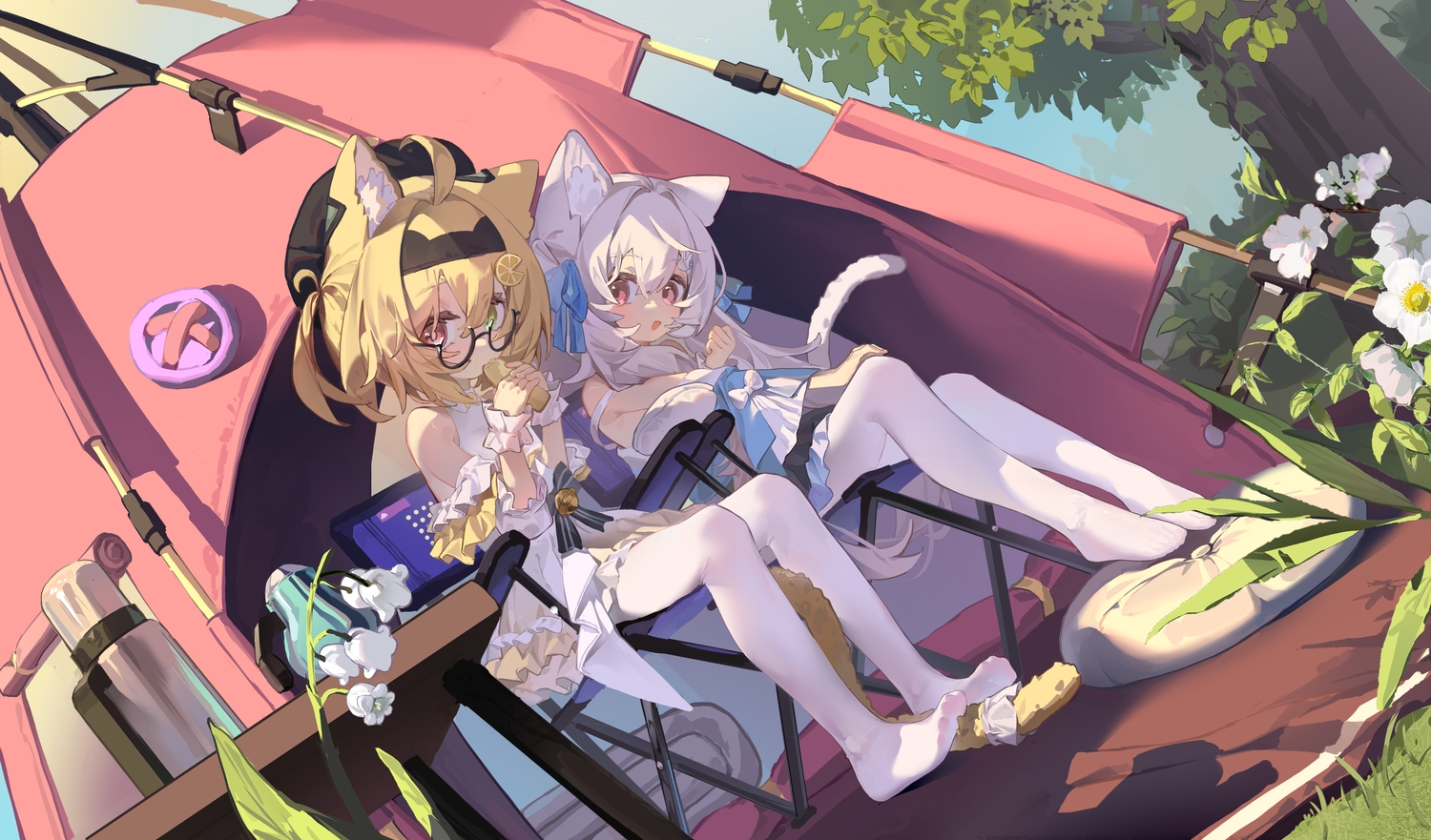 2girls, animal_ears, bell, bicolored_eyes, blonde_hair, bow, catgirl, denghuo_ju_(vtuber), dress, flowers, food, glasses, grass, indie_virtual_youtuber, kele_mimi, leaves, loli, long_hair, pantyhose, pink_eyes, short_hair, tagme_(character), tail, tree, white_hair, wristwear