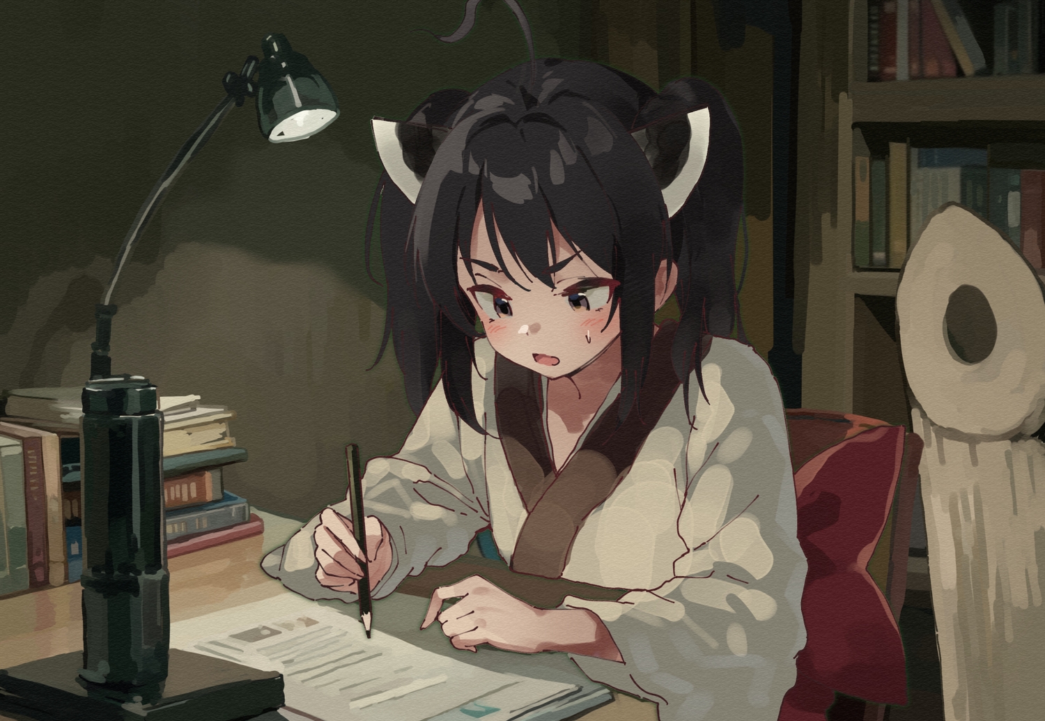 black_hair, blush, book, bow, brown_eyes, japanese_clothes, kimono, lamb_(hitsujiniku)