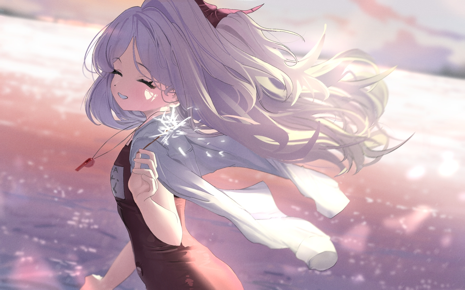 blue_archive, blush, close, clouds, fireworks, flat_chest, gray_hair, horns