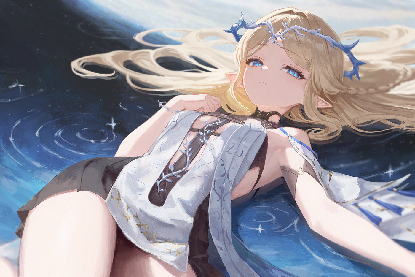 blonde_hair, blue_eyes, breast_hold, cartethyia_(wuthering_waves), ddcc0123, dress, headdress, long_hair