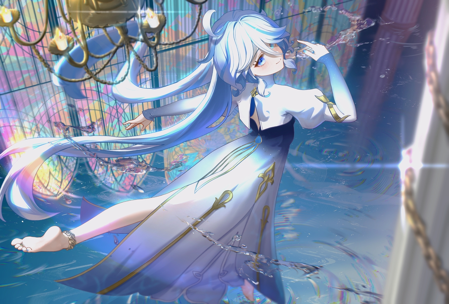 barefoot, bicolored_eyes, blue_eyes, blush, chijiu_jo, dress, focalors_(genshin_impact), genshin_impact, long_hair, magic, water, white_hair