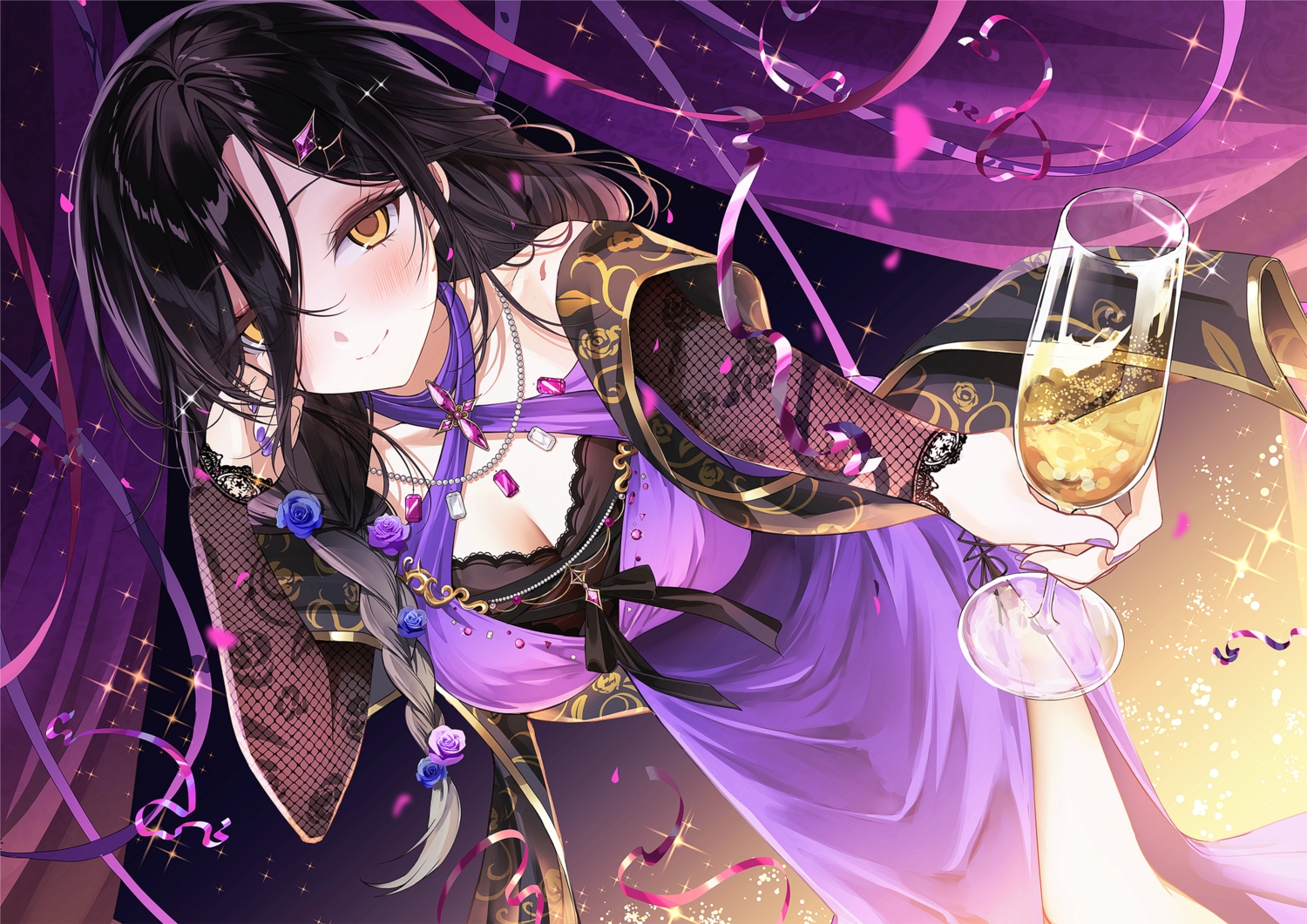 black_hair, blush, bow, braids, breasts, cleavage, close, dress