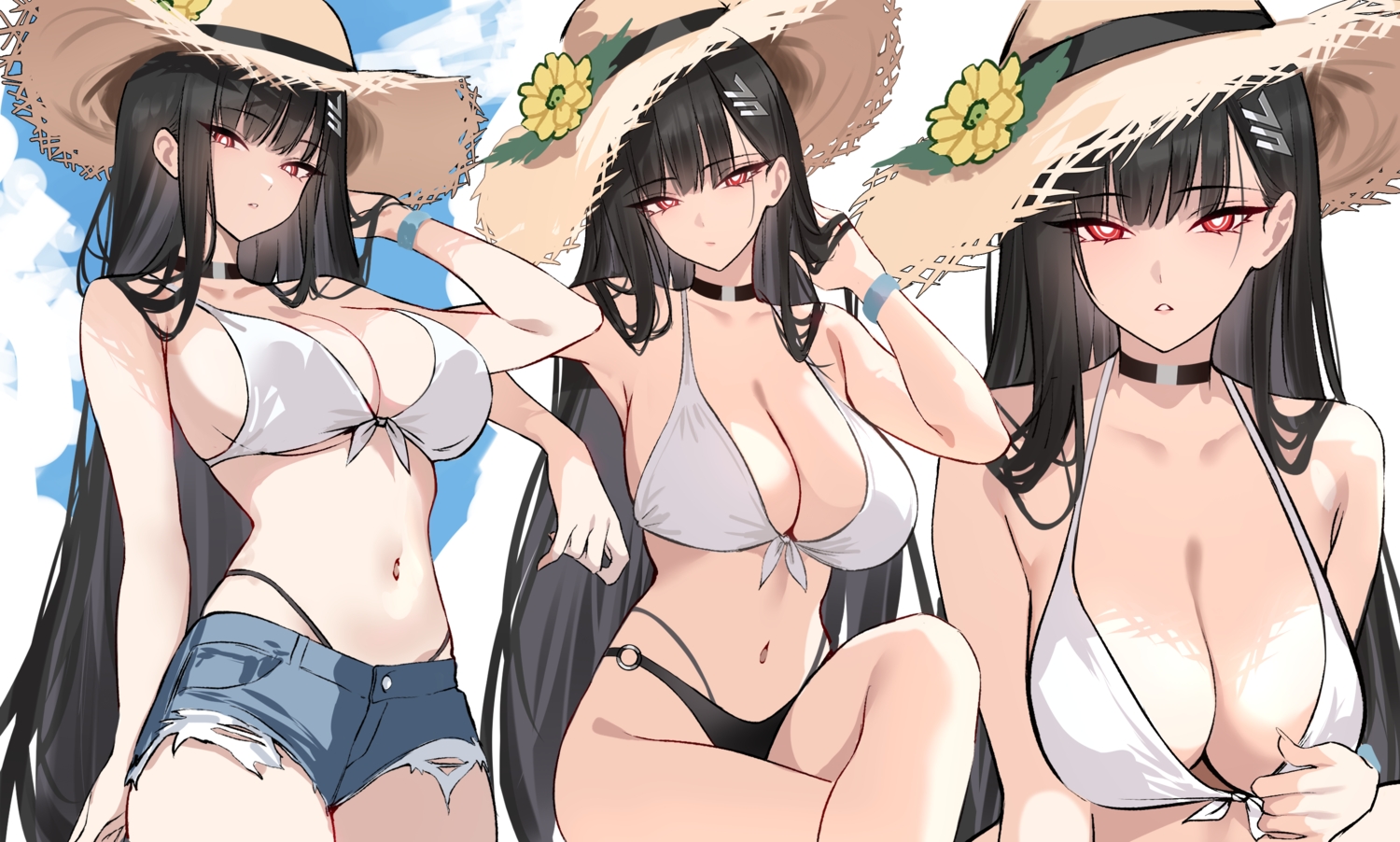bikini, black_hair, blue_archive, breasts, choker, cleavage, clouds, hat