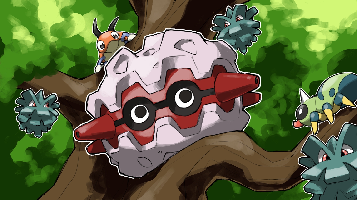 black_eyes, blacknirrow, forretress, group, ledyba, no_humans, pineco, pokemon