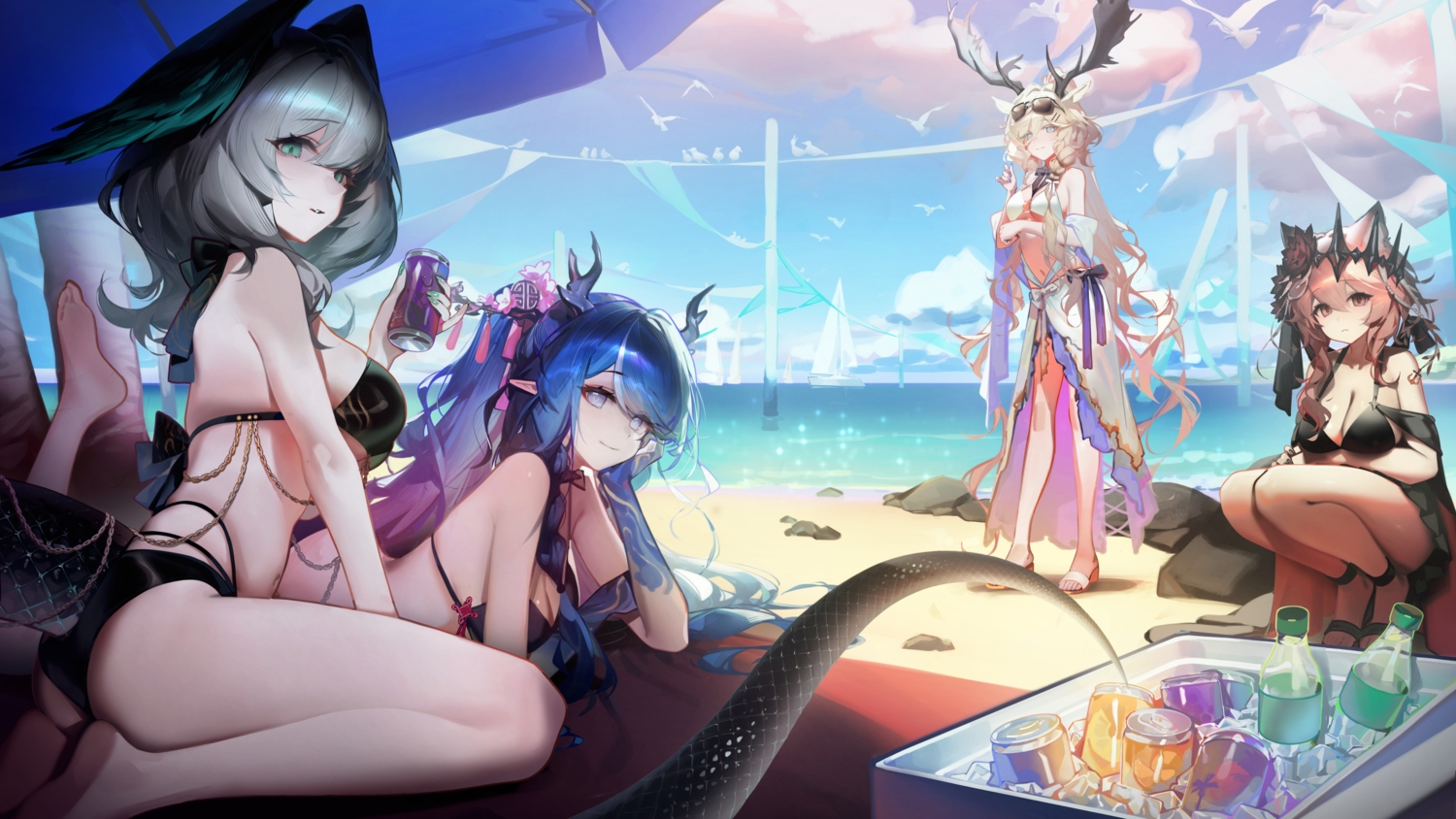 animal, animal_ears, arknights, ass, barefoot, beach, bikini, bird, blonde_hair, blue_eyes, blue_hair, boat, bow, braids, breast_hold, breasts, brown_eyes, catgirl, chain, cleavage, clouds, drink, gray_hair, green_eyes, group, headdress, ho'olheyak_(arknights), horns, libiadan, ling_(arknights), long_hair, pink_hair, ponytail, ribbons, shade, short_hair, skirt, sky, sunglasses, swimsuit, tail, tattoo, umbrella, vendela_(arknights), viviana_(arknights), water, wings