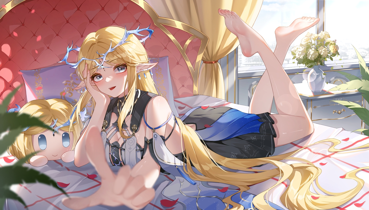ass, barefoot, bed, blonde_hair, blush, breasts, cartethyia_(wuthering_waves), cleavage
