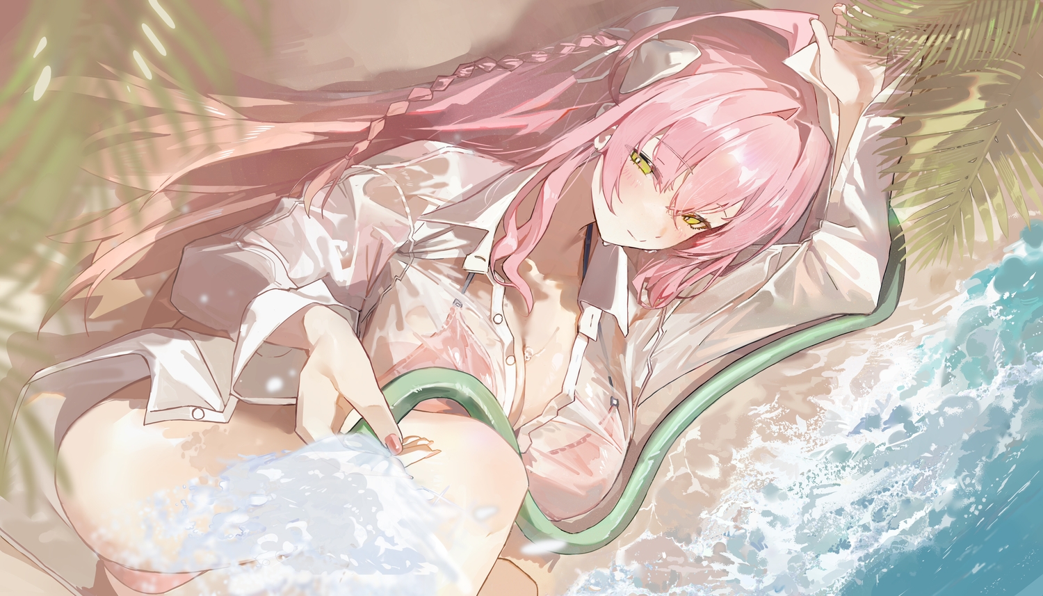 beach, bikini, blue_archive, blush, bow, braids, breasts, cleavage, fish_(red_star_child), green_eyes, long_hair, pink_hair, see_through, shirt, swimsuit, urawa_hanako, water, wet