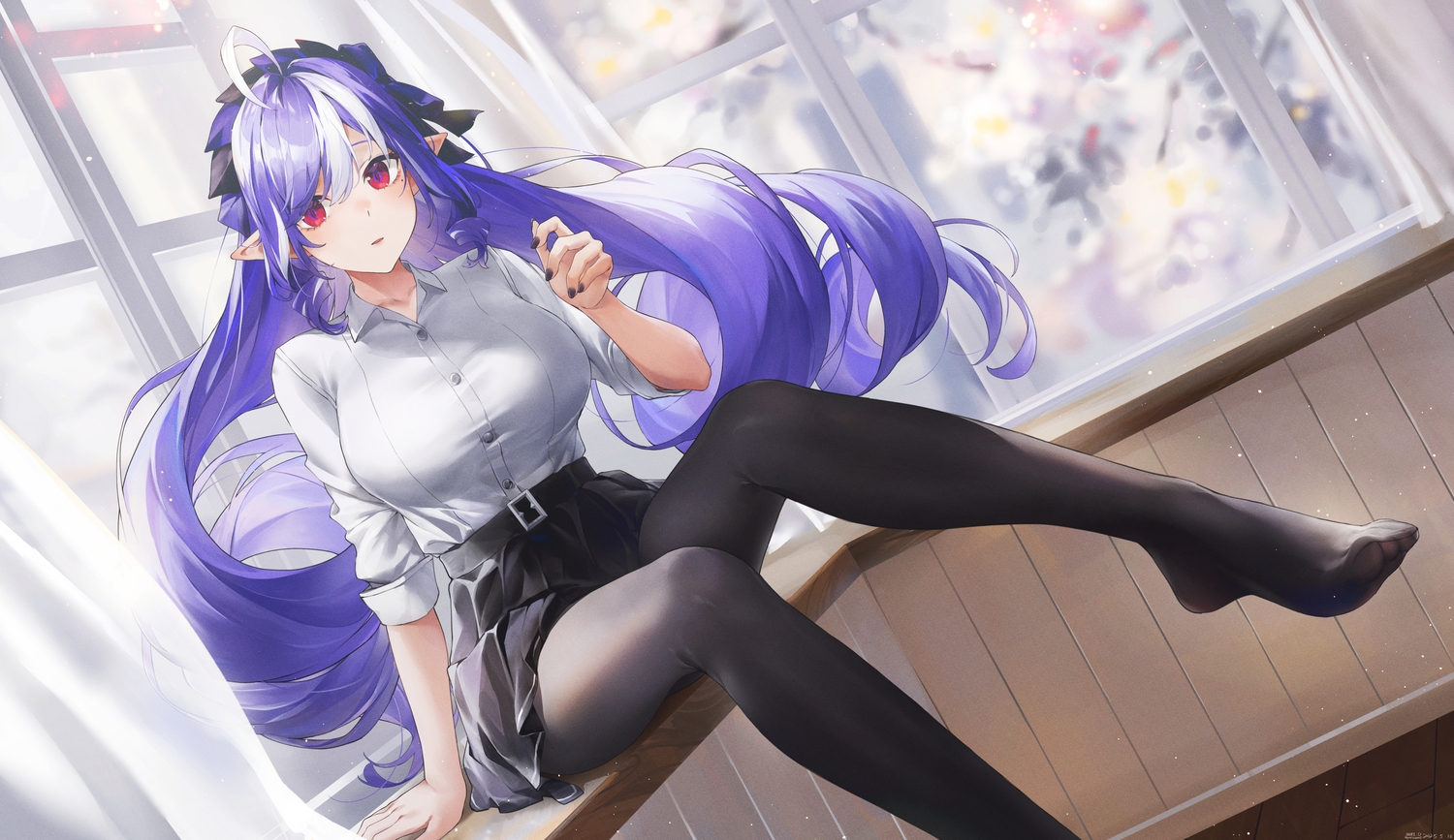 headdress, long_hair, pantyhose, pointed_ears, purple_hair, red_eyes, shirt, signed, skirt, swkl:d, vivian_banshee, zenless_zone_zero