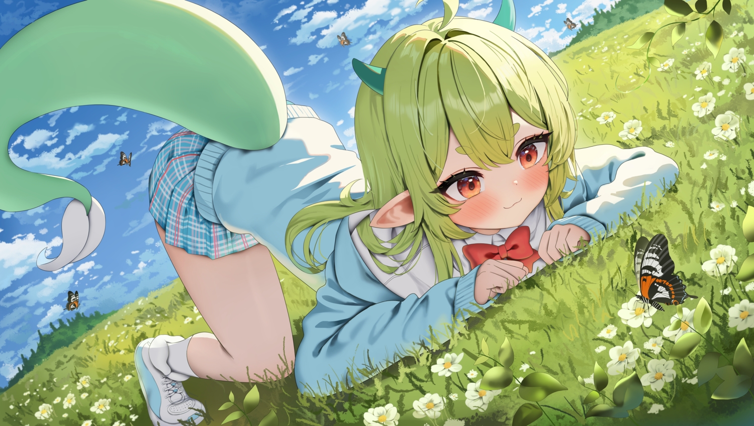 arme_(cgsy7484), blush, bow, butterfly, cat_smile, clouds, flowers, garam_(ryeoubi), grass, green_hair, horns, leaves, loli, original, pointed_ears, red_eyes, school_uniform, shirt, skirt, sky, socks, tail