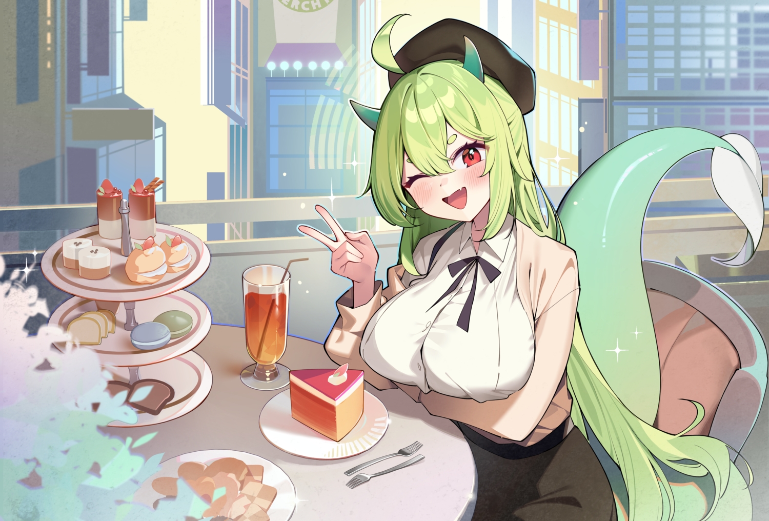 blush, bow, breast_hold, breasts, building, cake, city, drink