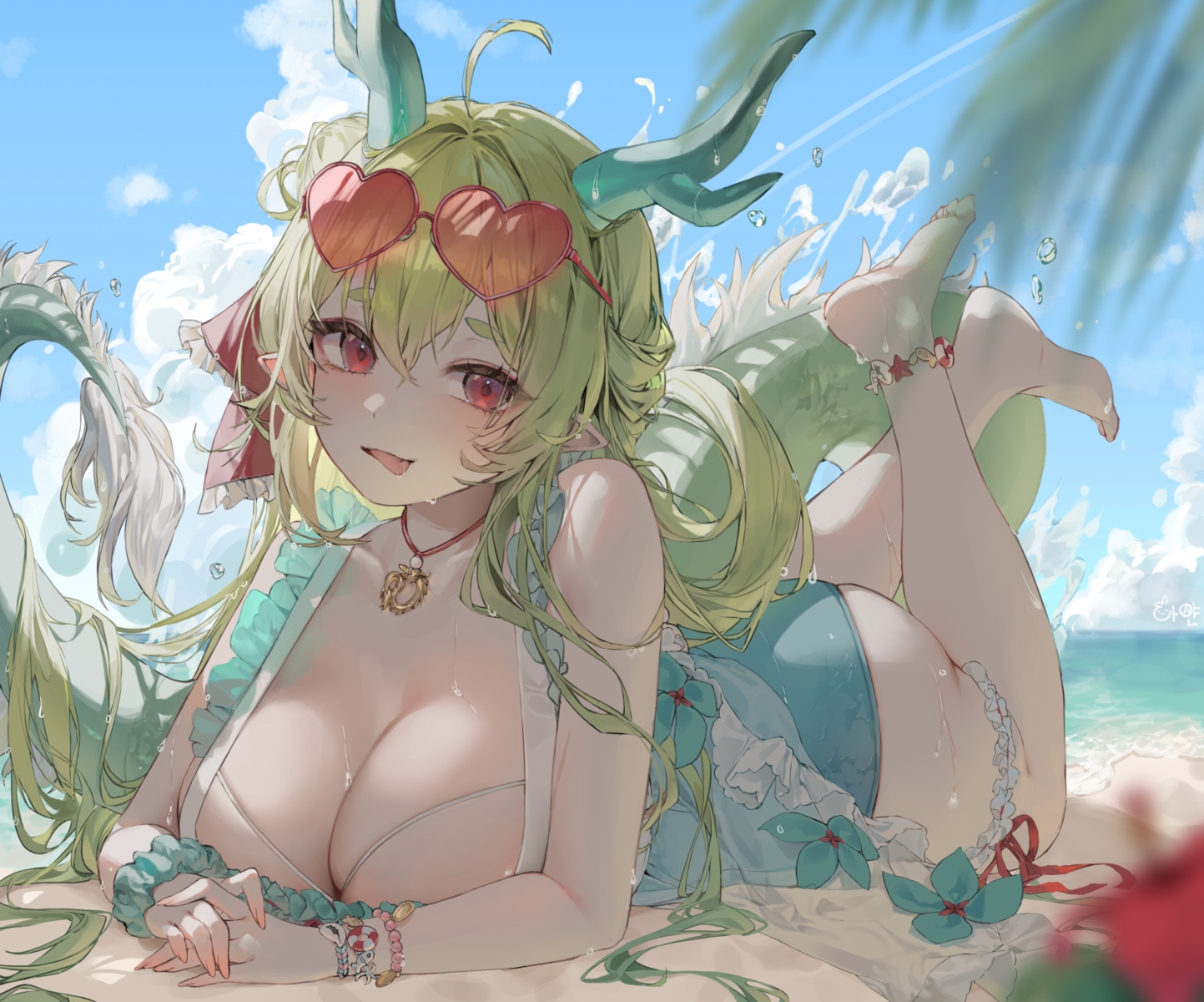 ass, barefoot, beach, bow, breasts, cleavage, clouds, flowers, garam_(ryeoubi), garter, green_hair, horns, long_hair, necklace, original, pointed_ears, red_eyes, see_through, shade, shiro_albino, sky, sunglasses, swimsuit, tail, water, wristwear