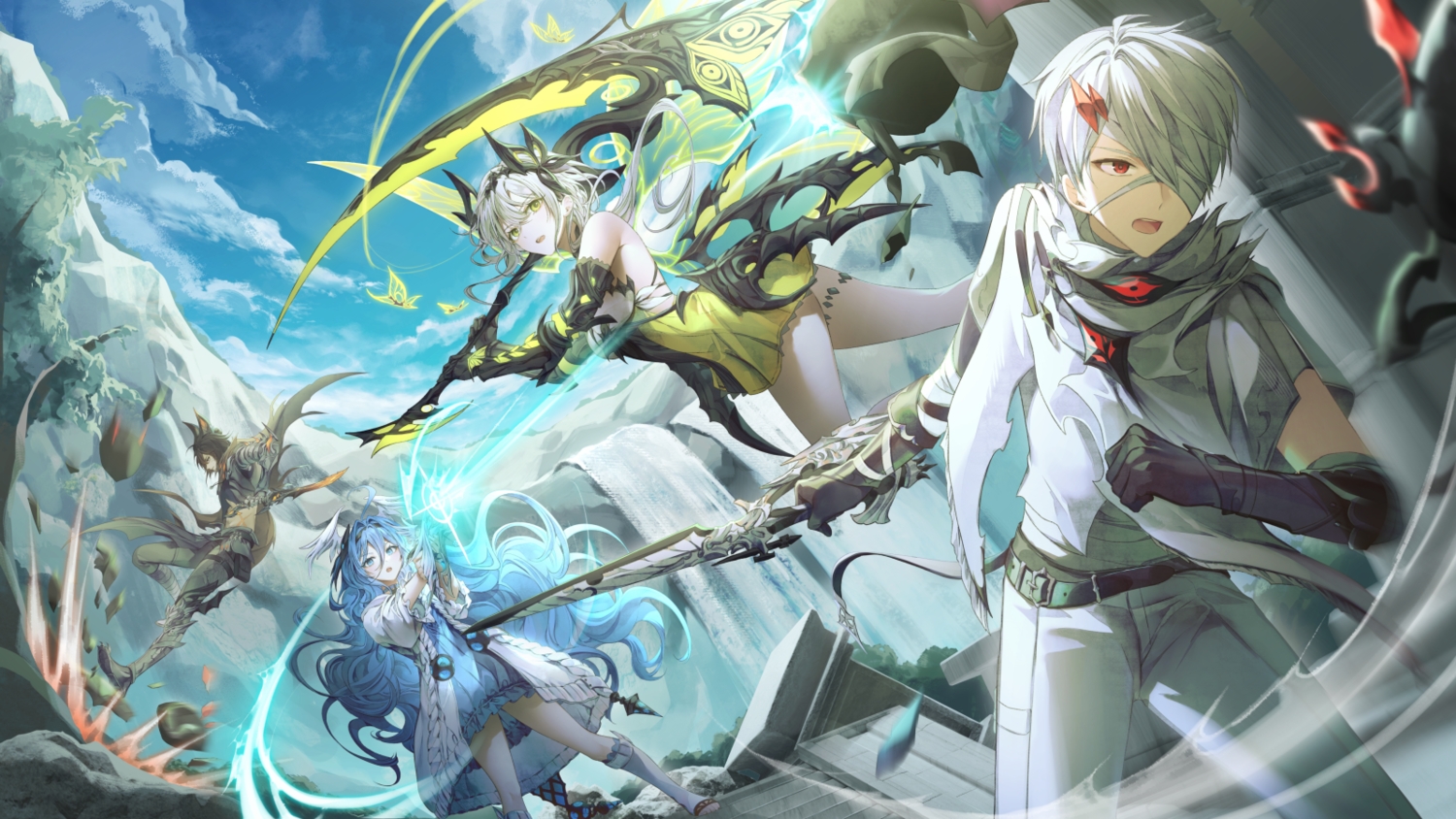 animal_ears, aqua_eyes, armor, bandage, black_hair, blue_hair, butterfly, clouds, dress, duet_night_abyss, elbow_gloves, eyepatch, garter, gloves, gray_hair, green_eyes, group, gun, kneehighs, long_hair, magic, male, outsider_(duet_night_abyss), ozzingo, phoxhunter_(duet_night_abyss), psyche_(duet_night_abyss), red_eyes, scar, scarf, scythe, short_hair, sky, stairs, sword, tagme_(character), the_boy_in_the_dream_(duet_night_abyss), water, waterfall, weapon, white_hair, wings