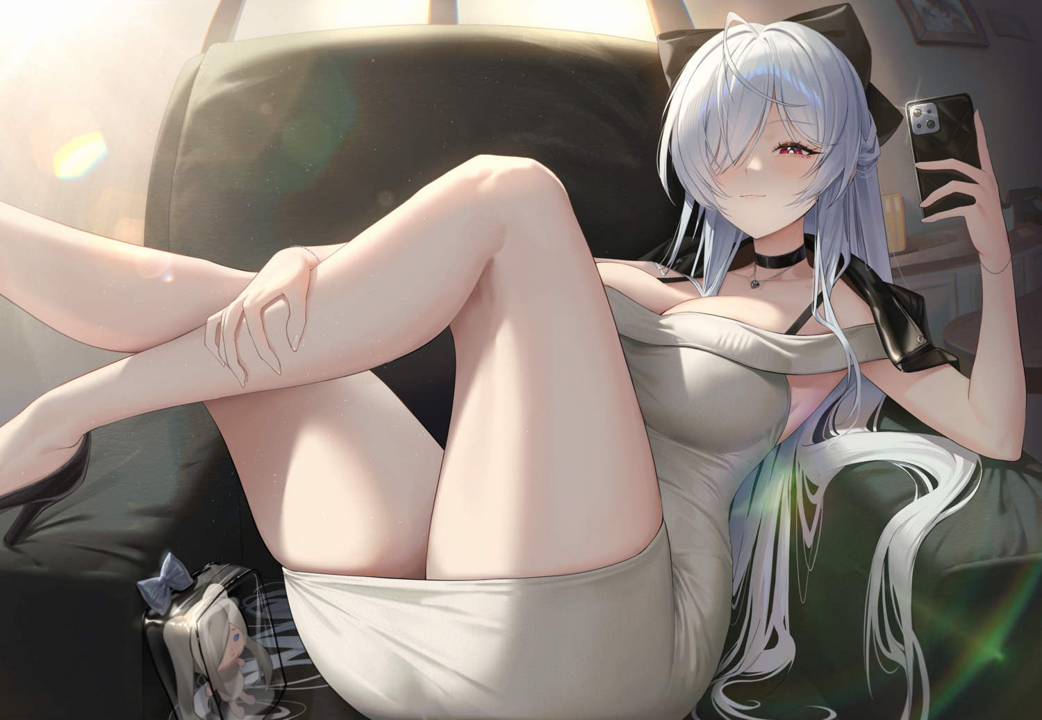 blush, bow, breasts, choker, cinderella_(nikke), cleavage, dress, goddess_of_victory:_nikke