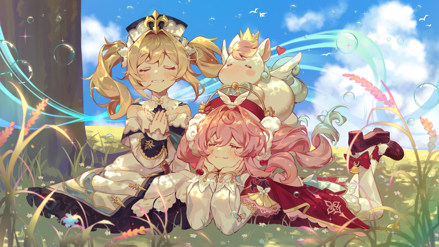 2girls, animal, barbara_pegg, bell, blonde_hair, blush, bow, bubbles, crossover, crown, dress, flowers, genshin_impact, grass, headdress, heart, honkai_(series), honkai:_star_rail, horse, hyacine_(honkai:_star_rail), ice_s_s_z, little_ica_(honkai:_star_rail), long_hair, pantyhose, pegasus, pink_hair, shade, tree, twintails