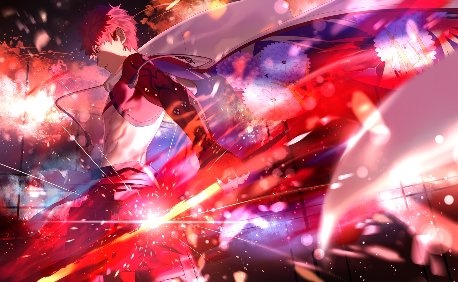 all_male, bow, cape, emiya_shirou, fate/grand_order, fate_(series), flowers, japanese_clothes, magic, male, mashima_saki_(mashimasa), red_hair, senji_muramasa_(fate), short_hair, sword, weapon
