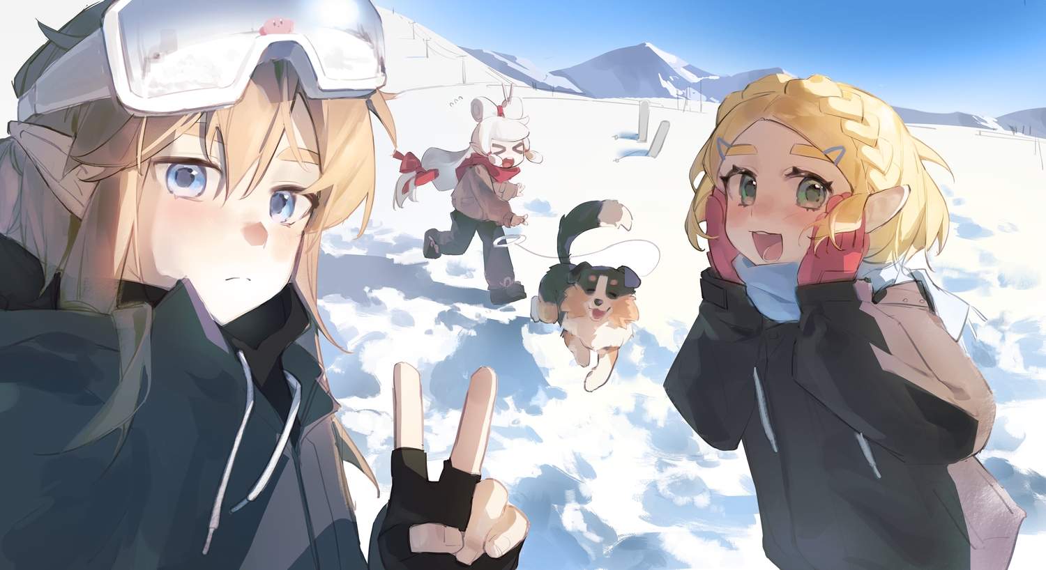 2girls, animal, blonde_hair, blue_eyes, blush, braids, close, crossover