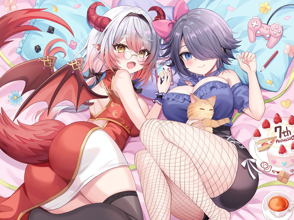 2girls, ass, bed, black_hair, blue_eyes, blush, bow, breasts