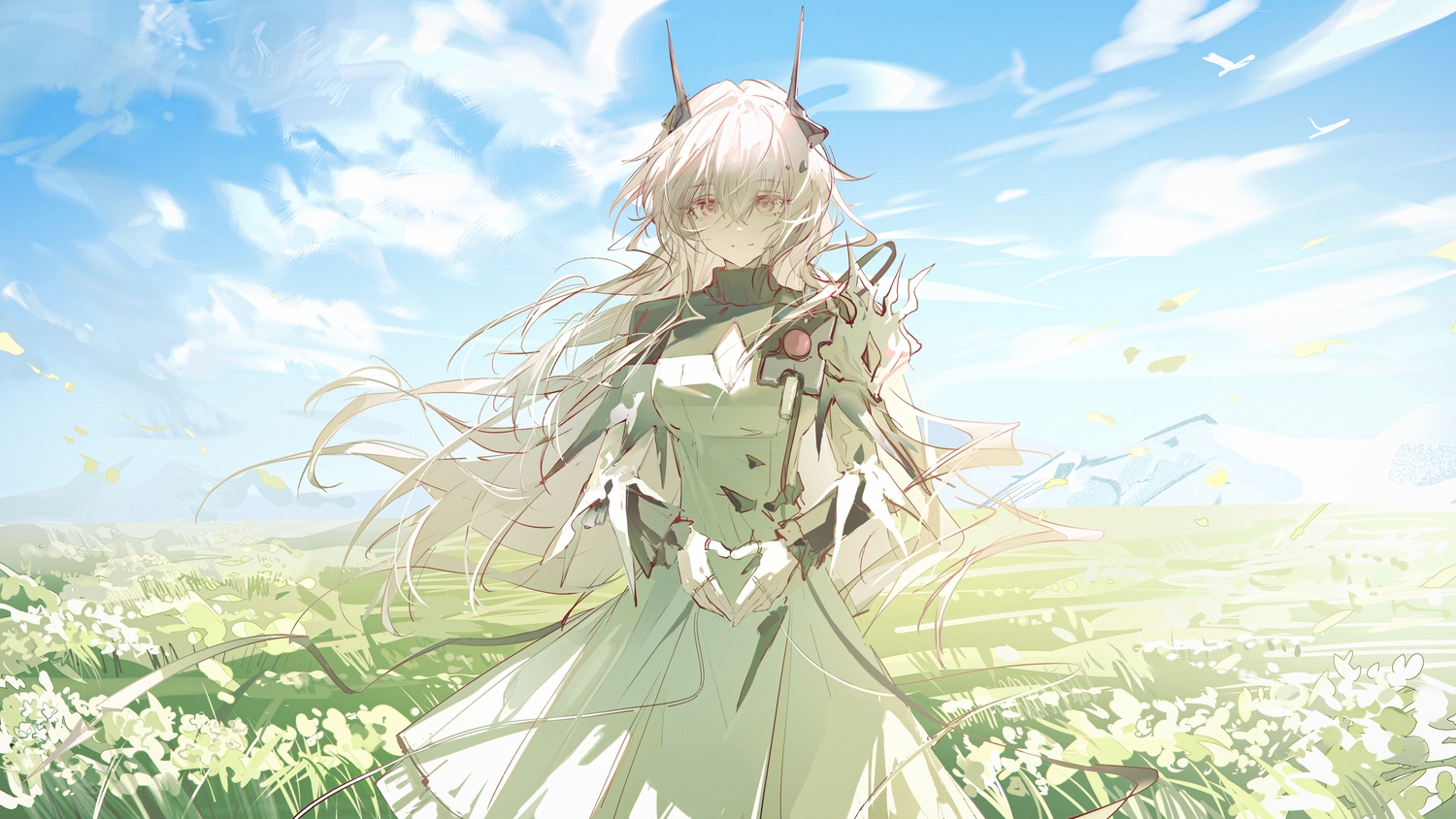 arknights, clouds, dress, grass, gray_hair, horns, long_hair, luozhou_pile