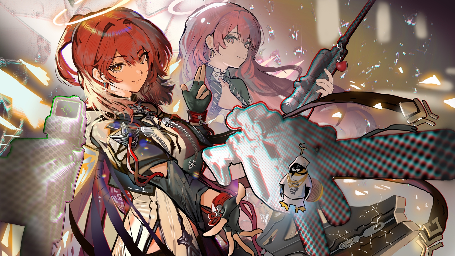 2girls, arknights, exusiai_(arknights), gloves, gun, halo, lemuen_(arknights), long_hair