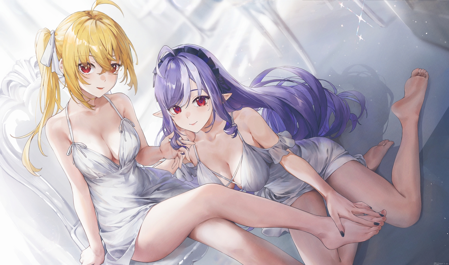 2girls, barefoot, blonde_hair, bow, breasts, cleavage, dress, headdress, long_hair, luciana_de_montefio, pointed_ears, ponytail, purple_hair, red_eyes, signed, skirt_lift, swkl:d, vivian_banshee, zenless_zone_zero