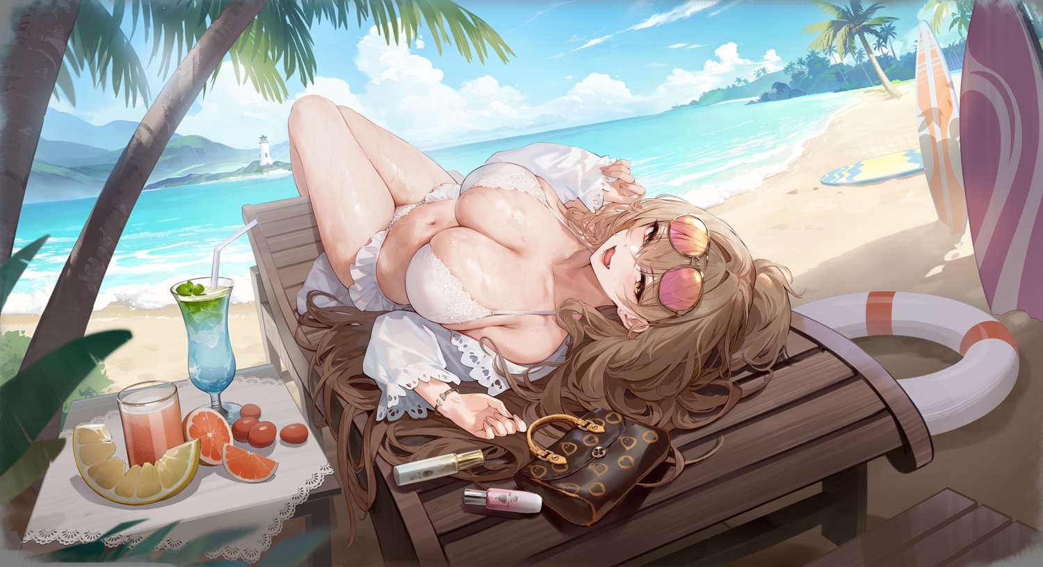 anthropomorphism, azur_lane, beach, bikini, blush, breasts, brown_hair, cat_smile, cleavage, clouds, drink, food, fruit, gujianshaonu, lighthouse, lion_(azur_lane), long_hair, navel, orange_(fruit), ponytail, shade, sky, sunglasses, swim_ring, swimsuit, transparent, tree, water, wet, wristwear, yellow_eyes
