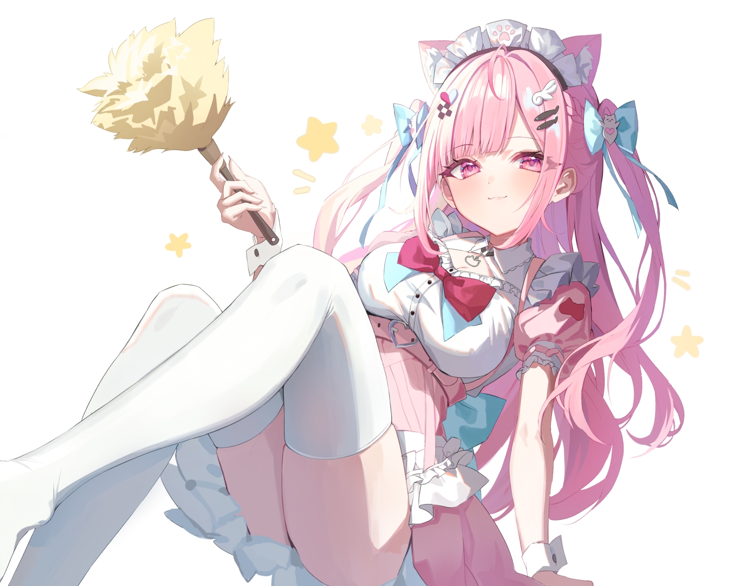 animal_ears, bow, braids, catgirl, cat_smile, choker, dress, headdress, indie_virtual_youtuber, long_hair, maid, pink_eyes, pink_hair, ri_yonn, stars, thighhighs, twintails, white, wristwear, yuuki_sakuna