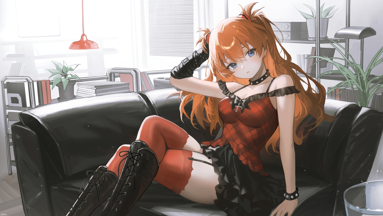 blue_eyes, book, boots, breasts, choker, cleavage, couch, cross