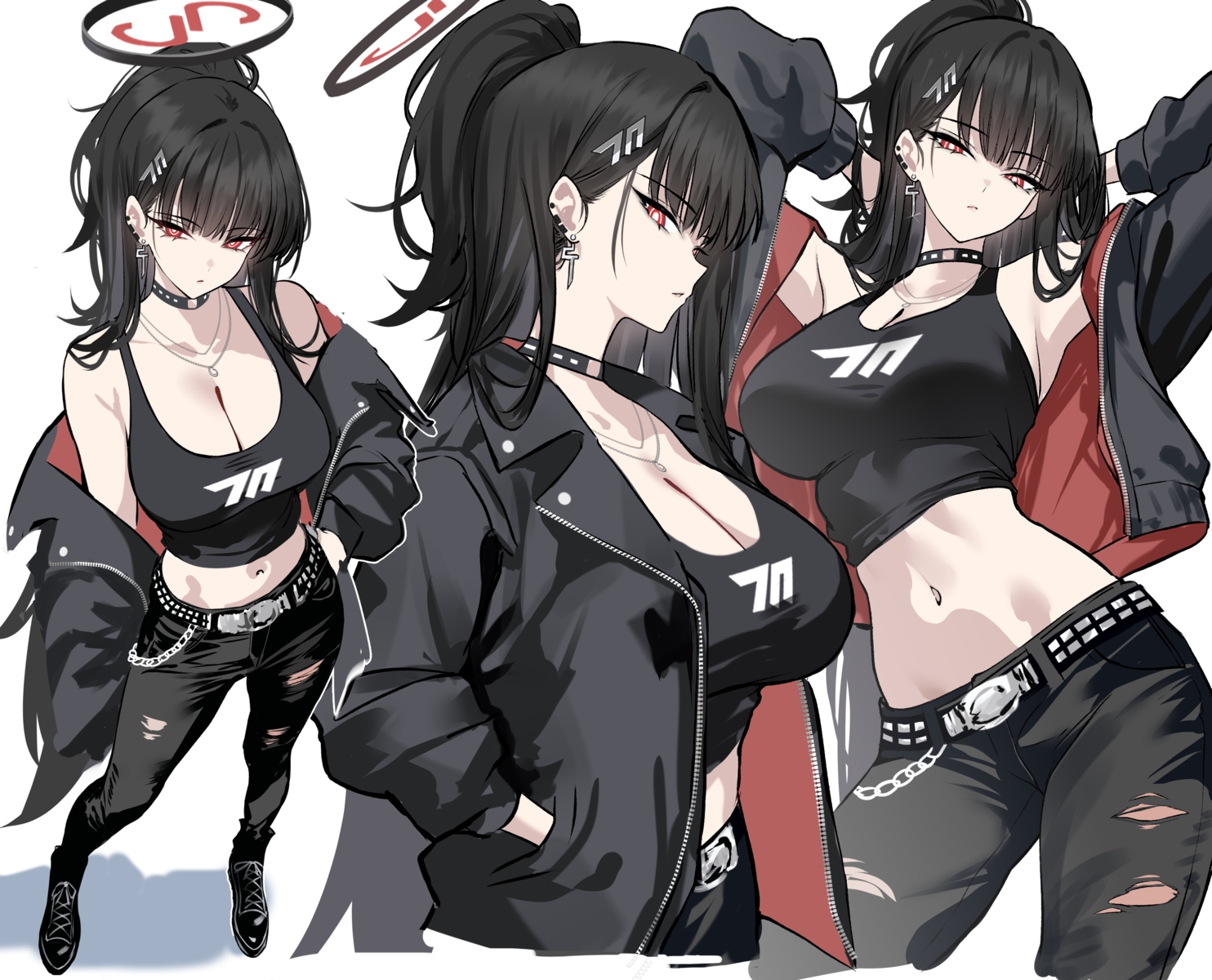 black_hair, blue_archive, boots, breasts, chain, choker, cleavage, halo