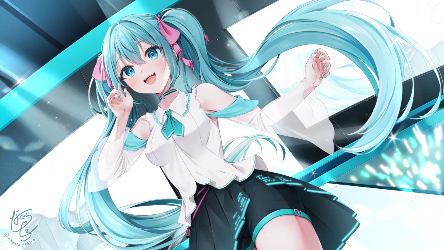 aqua_eyes, aqua_hair, blush, bow, choker, hatsune_miku, long_hair, nagura_shiro