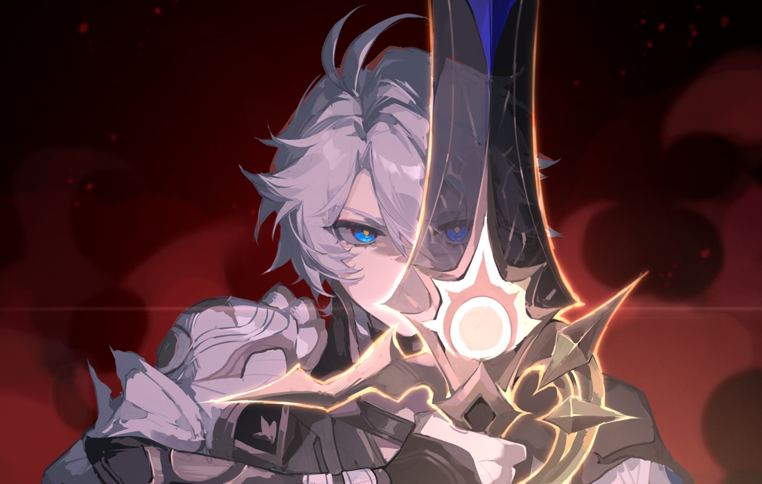 all_male, armor, blue_eyes, choker, close, gray_hair, honkai_(series), honkai:_star_rail, male, phainon_(honkai:_star_rail), short_hair, sketch, sword, weapon, youzaiyouzai143