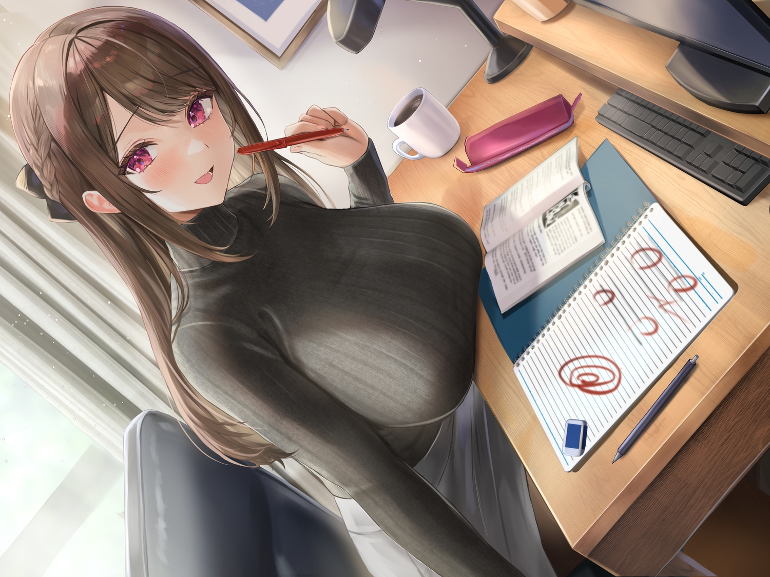 blush, braids, brown_hair, computer, drink, long_hair, original, pantyhose, red_eyes, sakamuke